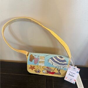Beaded Beach Scene Shoulder Bag in Yellow and Blue